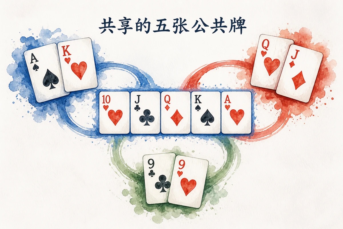 德州扑克三家底牌指向中央五张公共牌的水彩示意图