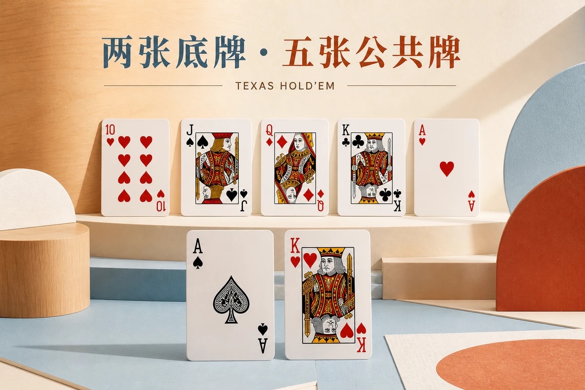德州扑克两张底牌与五张公共牌在暖木背景上的实拍构成图